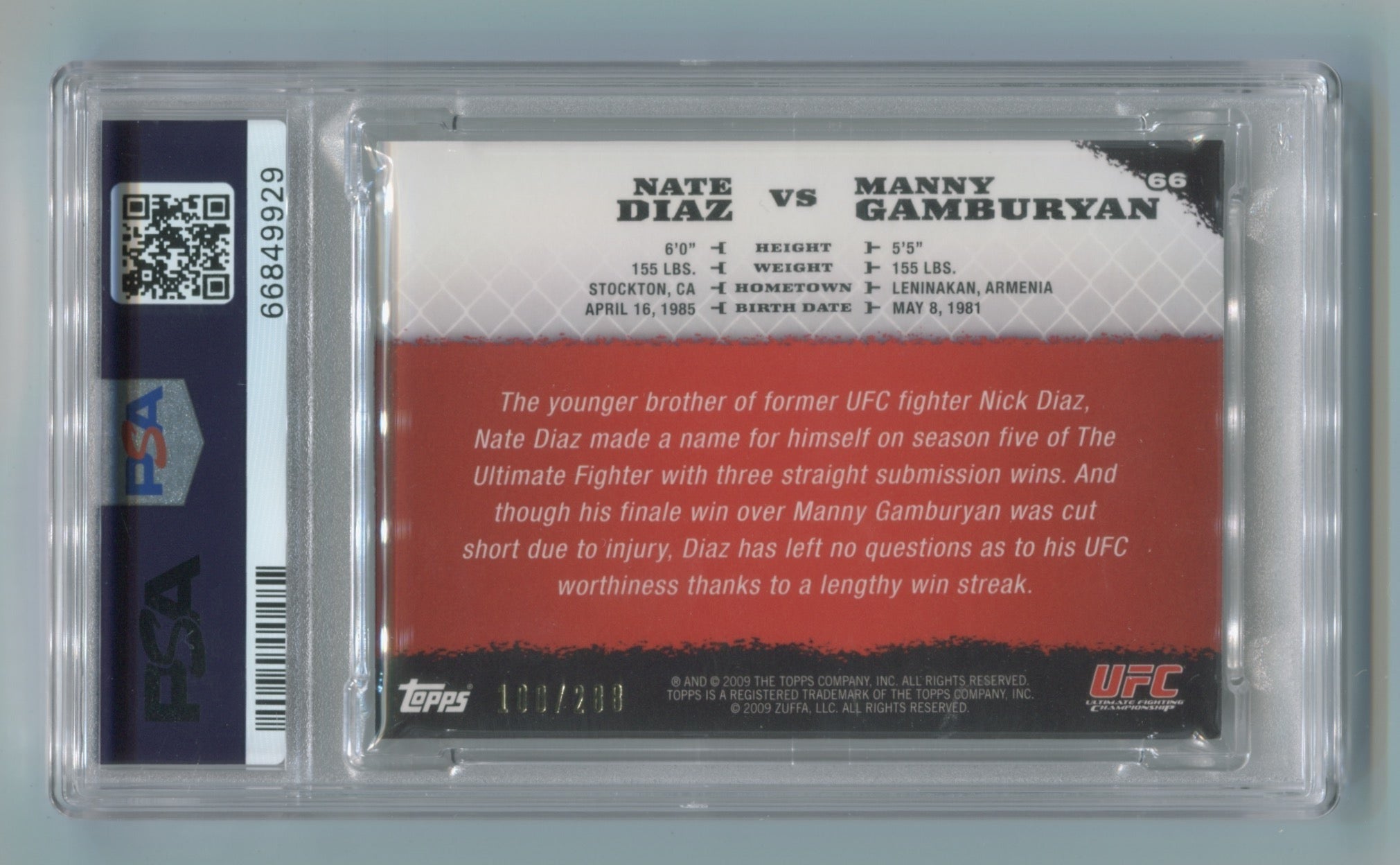 2009 Topps UFC Round 1 Silver #66 Nate Diaz vs. Manny Gamburyan #100/288 PSA 8 (Rookie) | Eastridge Sports Cards