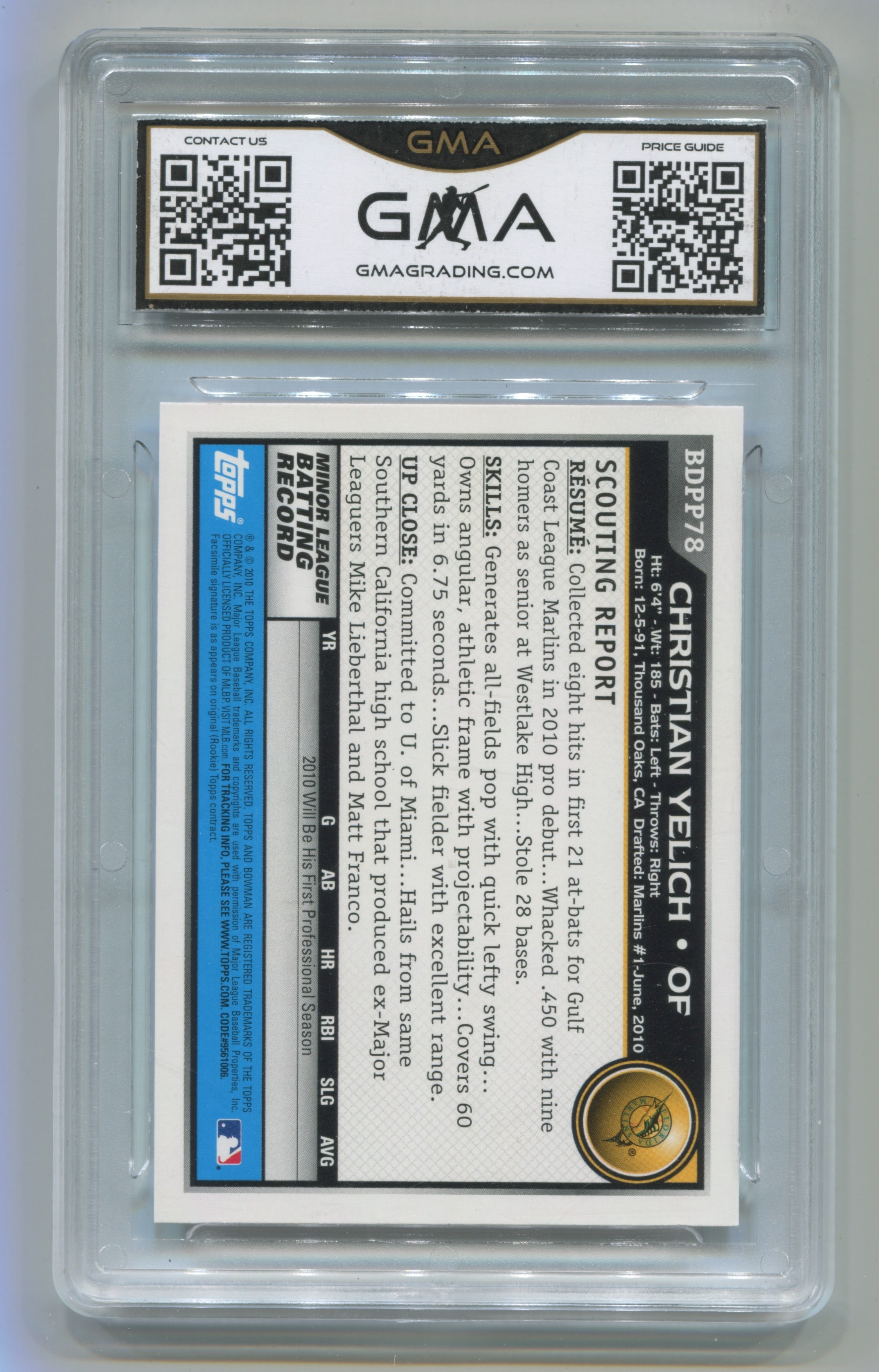 2010 Bowman Draft Prospects #BDPP78 Christian Yelich GMA 10 | Eastridge Sports Cards