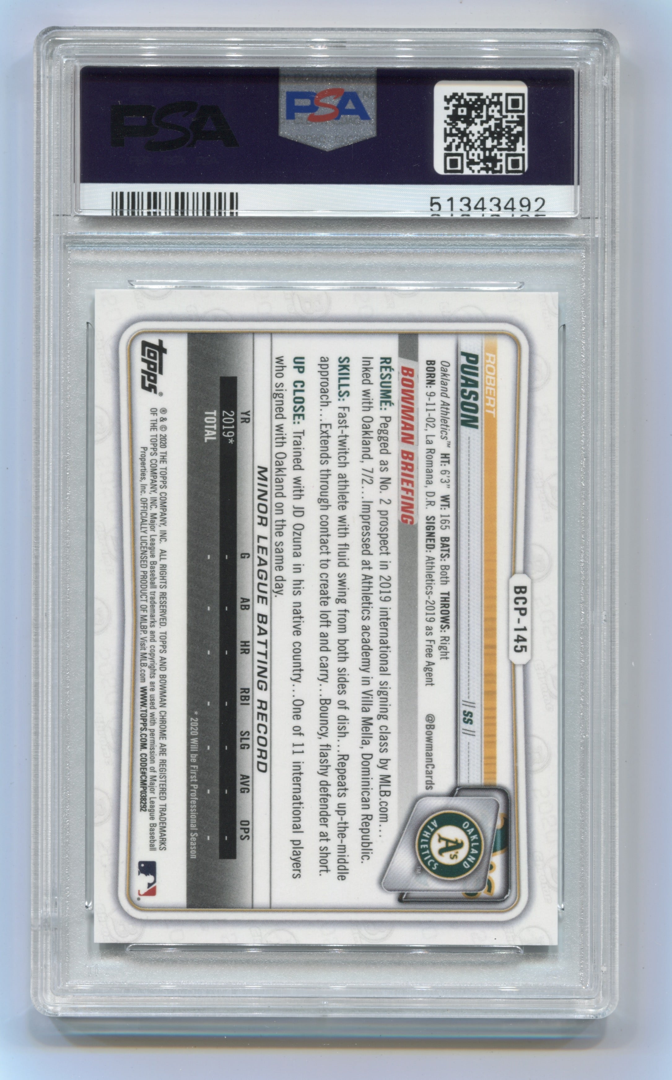 2020 Bowman Chrome Prospects Atomic Refractors #BCP145 Robert Puason PSA 10 | Eastridge Sports Cards