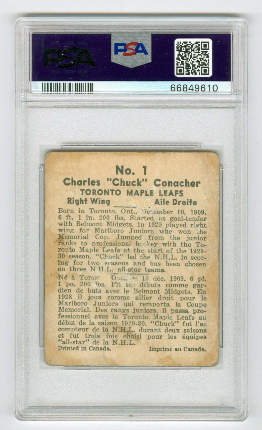 1937-38 V356 World Wide Gum #1 Charlie Conacher PSA 2 | Eastridge Sports Cards