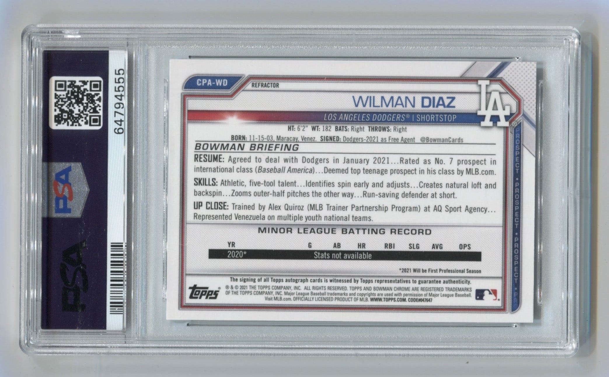 2021 Bowman Chrome Prospect Autographs Refractors #CPAWD Wilman Diaz #204/499 PSA 9 | Eastridge Sports Cards