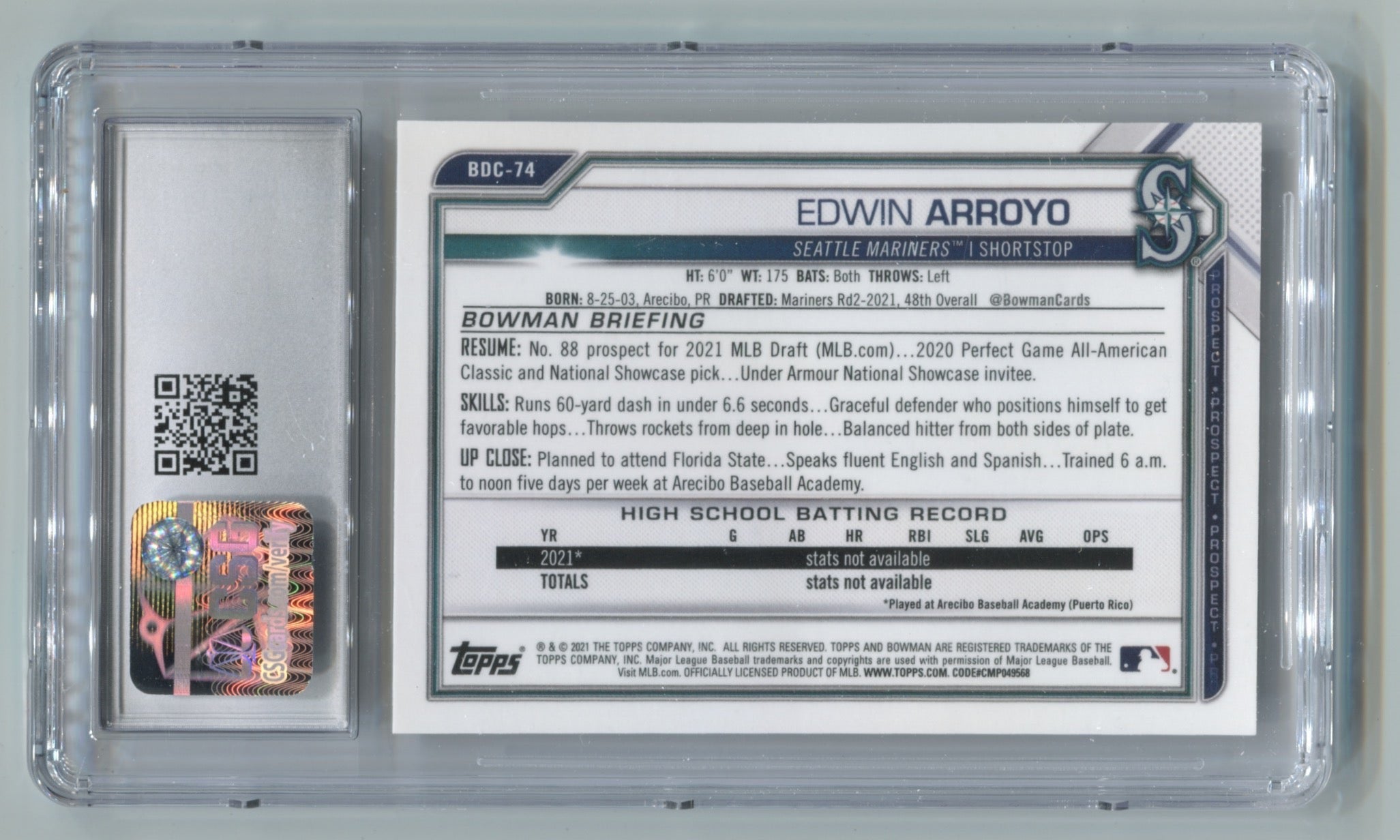 2021 Bowman Chrome Draft Gold Refractors #BDC74 Edwin Arroyo #16/50 CSG 9 | Eastridge Sports Cards