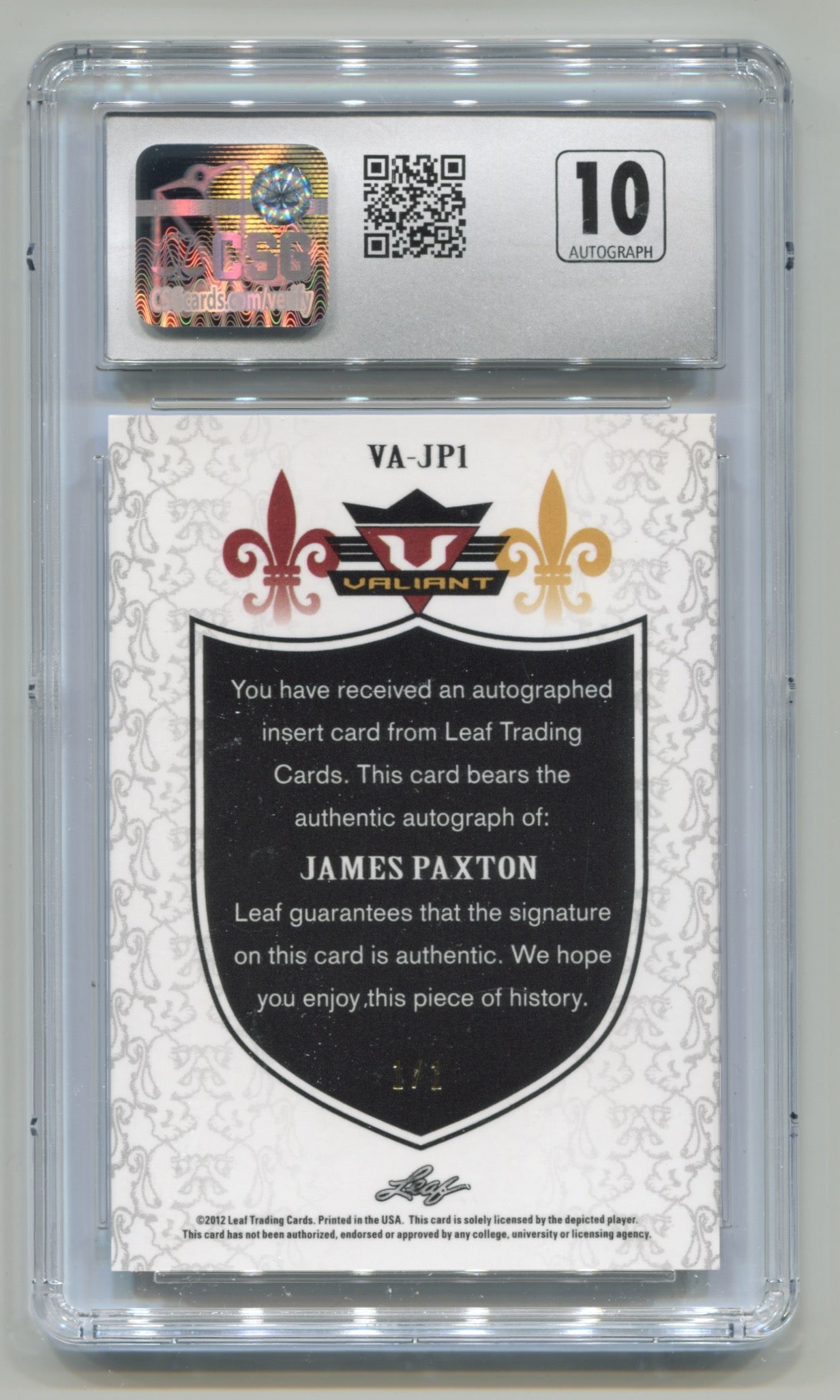 2012 Leaf Valiant Draft Red #JP1 James Paxton #1/1 CSG 8.5 (Auto 10) | Eastridge Sports Cards