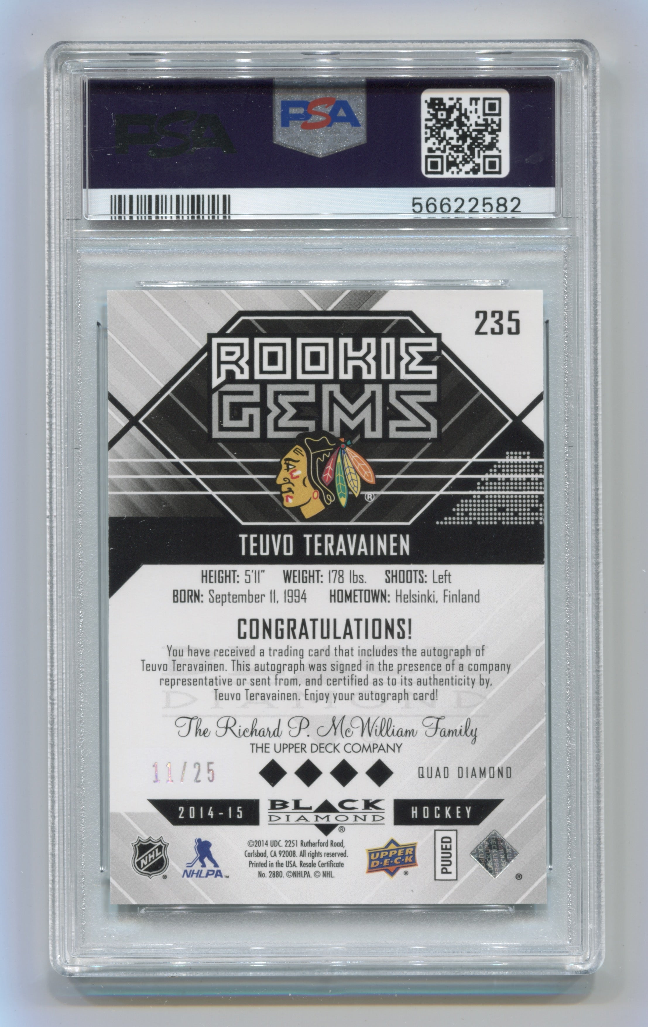 2014-15 Black Diamond Emerald #235 Teuvo Teravainen #11/25 PSA 9 | Eastridge Sports Cards