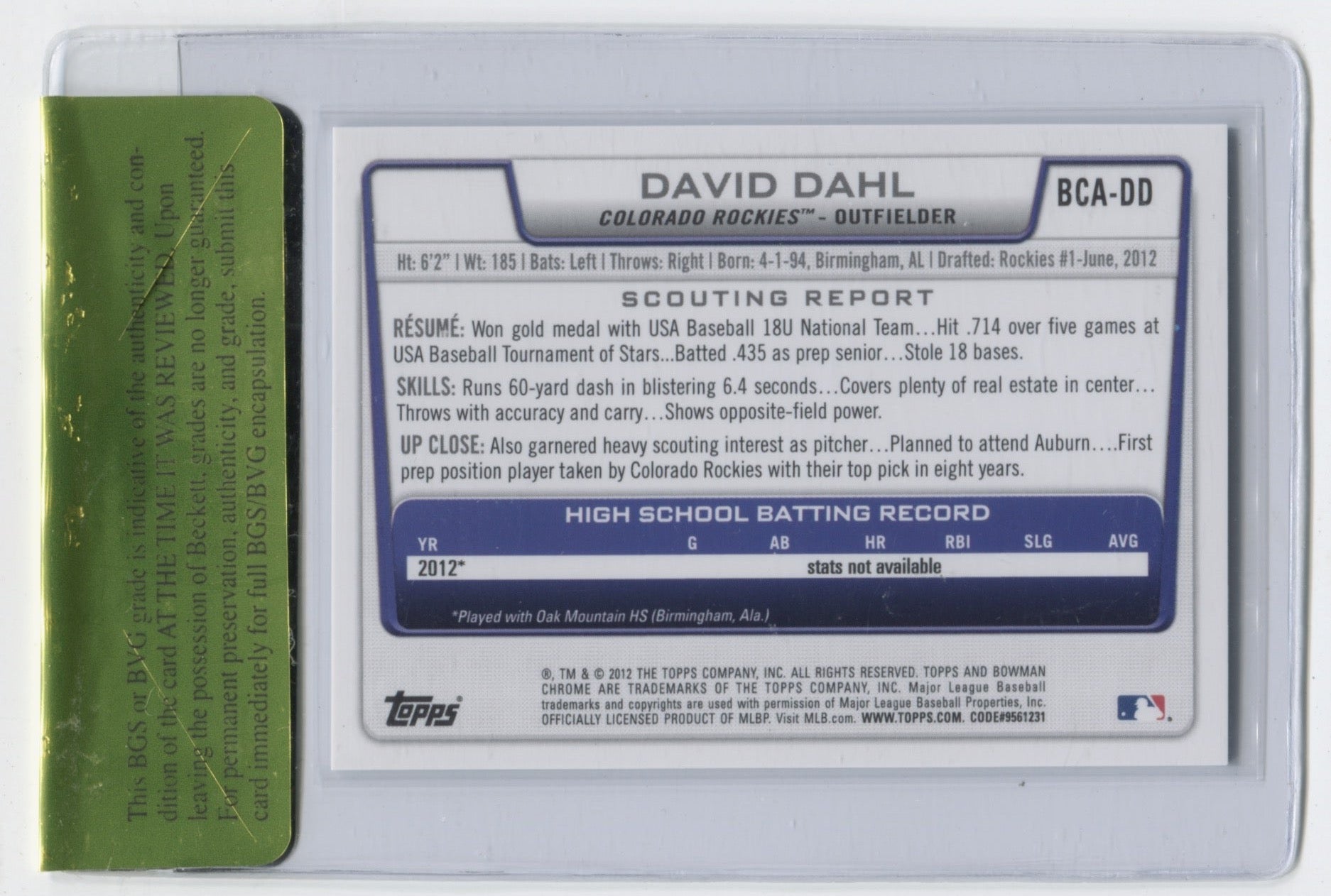 2012 Bowman Chrome Draft Draft Pick Autographs #DD David Dahl BGS 9.5 (Auto 10) | Eastridge Sports Cards