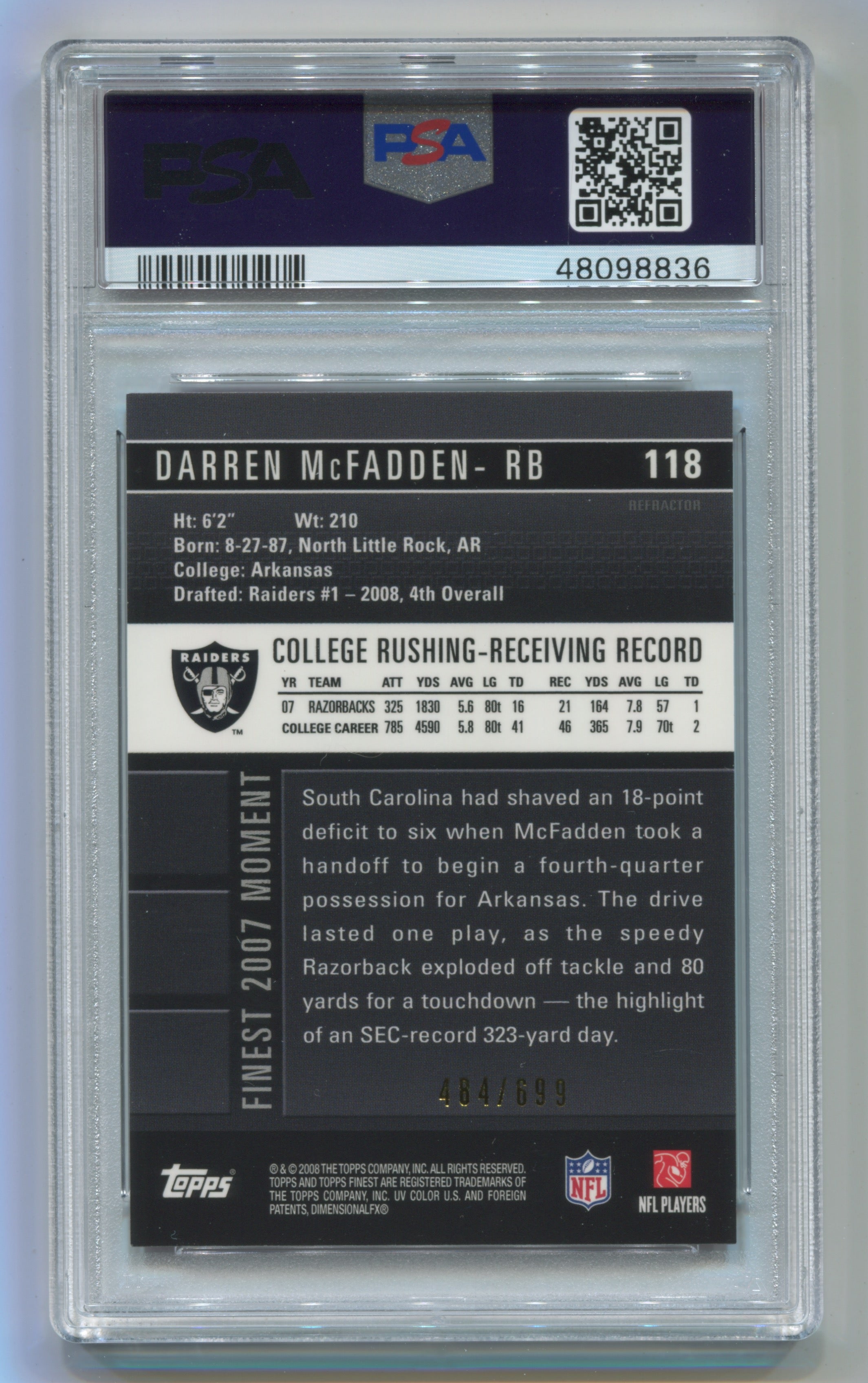 2008 Finest Refactor #118 Darren McFadden #484/699 PSA 9 (Rookie) | Eastridge Sports Cards