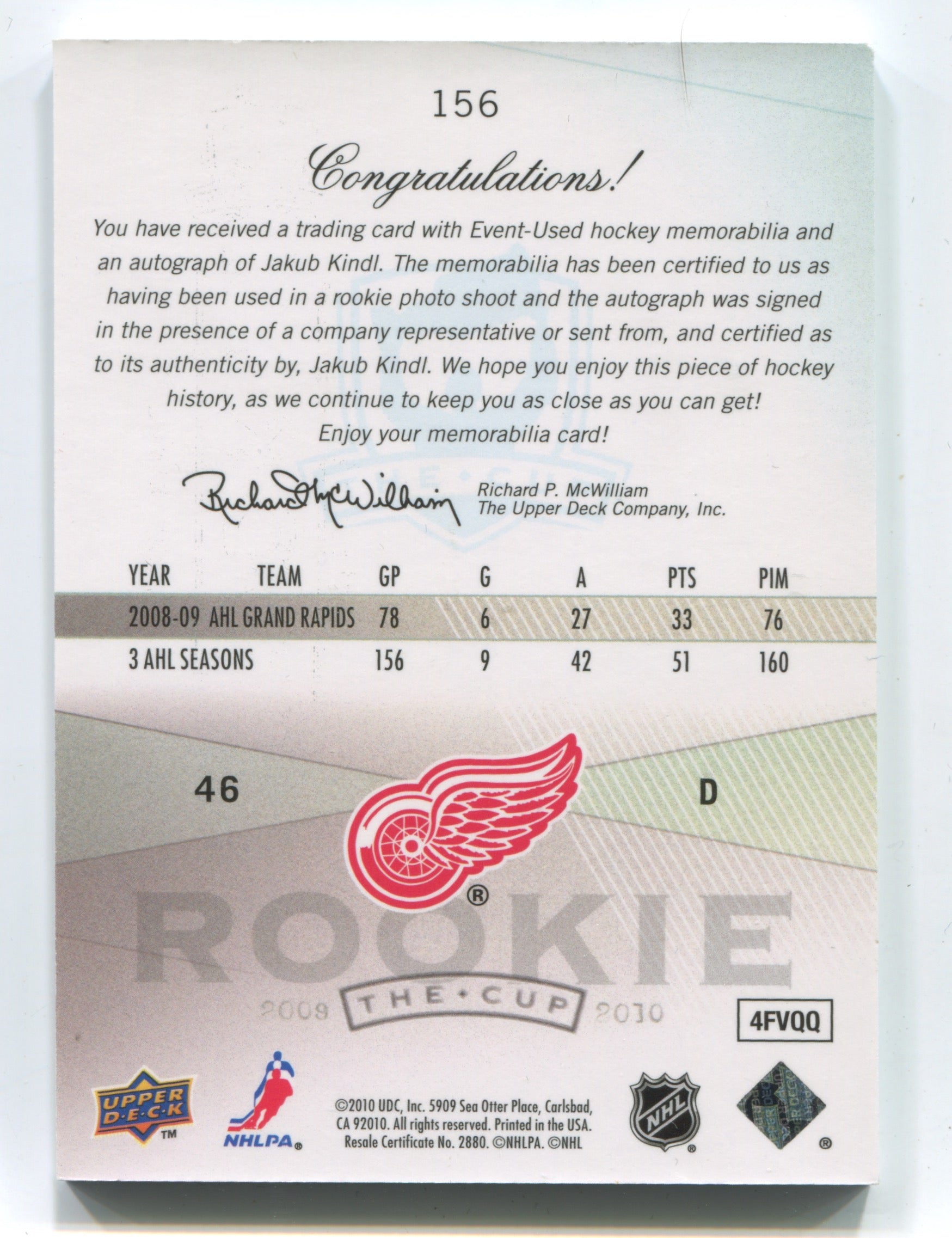 2009-10 The Cup #156 Jakub Kindl #112/249 (Rookie) | Eastridge Sports Cards