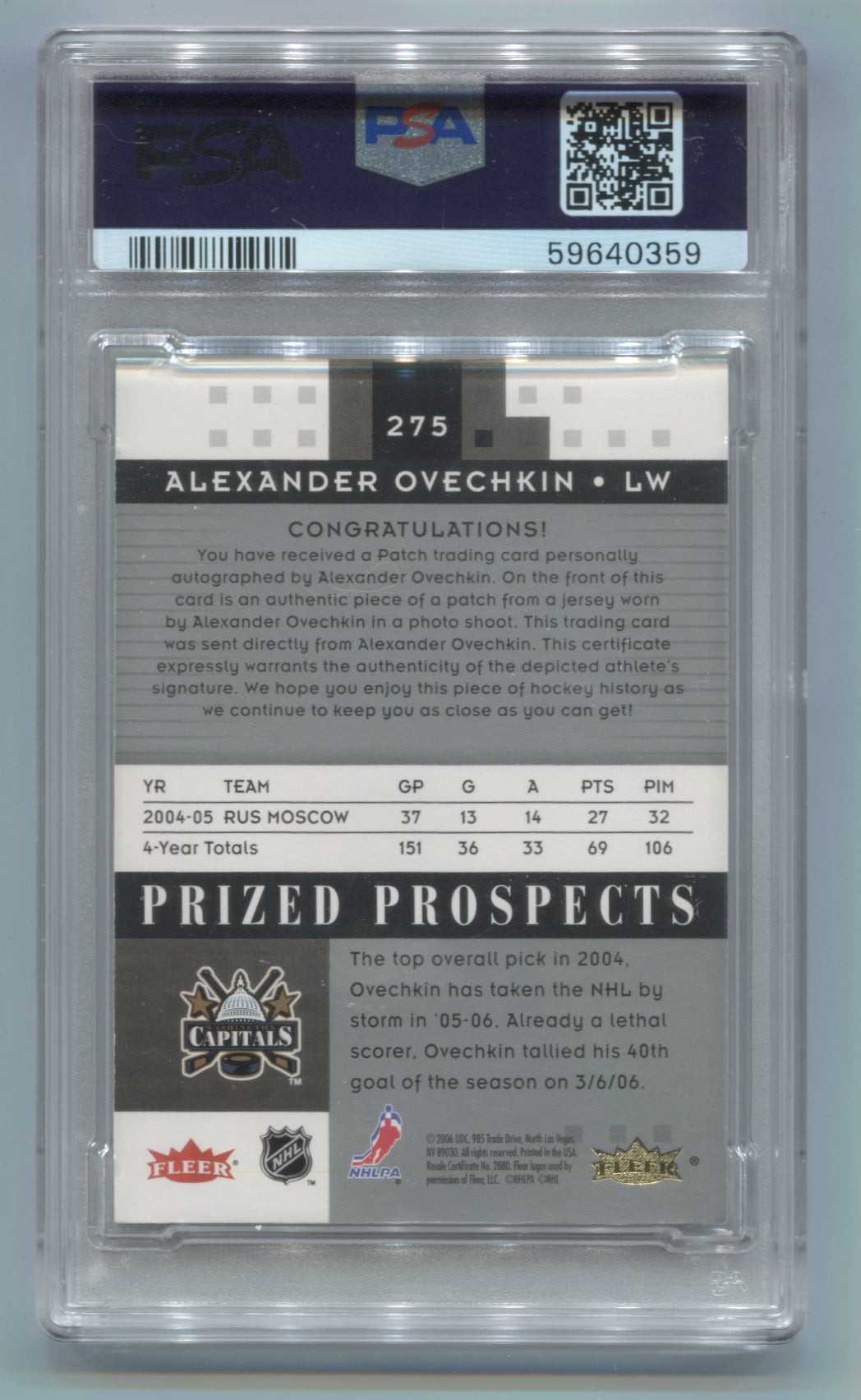 2005-06 Hot Prospects #275 Alexander Ovechkin #005/199 PSA 7 (Rookie) | Eastridge Sports Cards