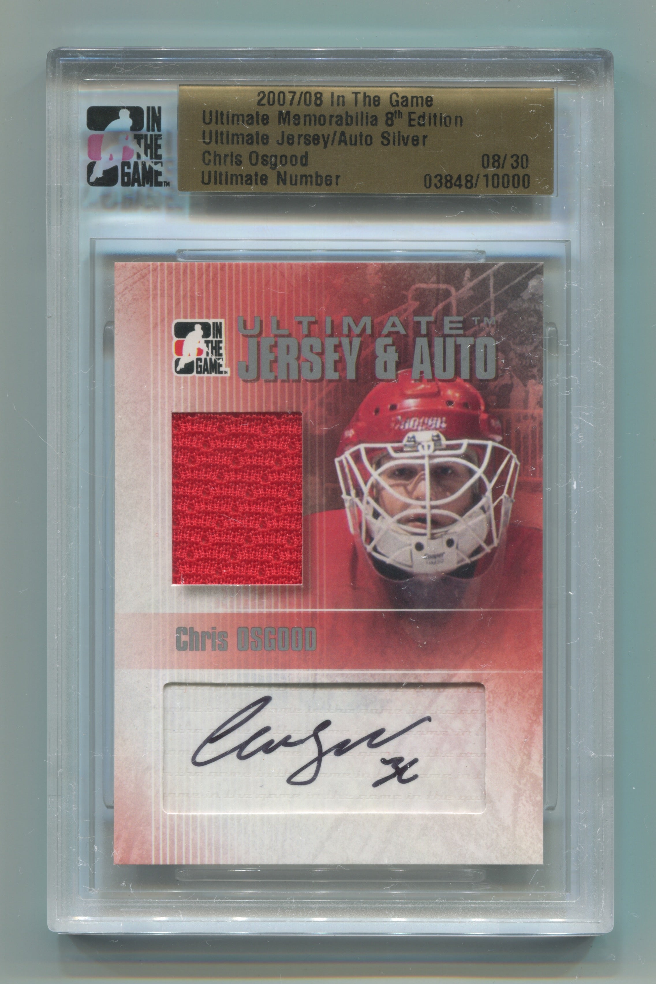 2007-08 ITG Ultimate Memorabilia 8th Edition Jerseys Autographs Silver Chris Osgood #08/30 | Eastridge Sports Cards