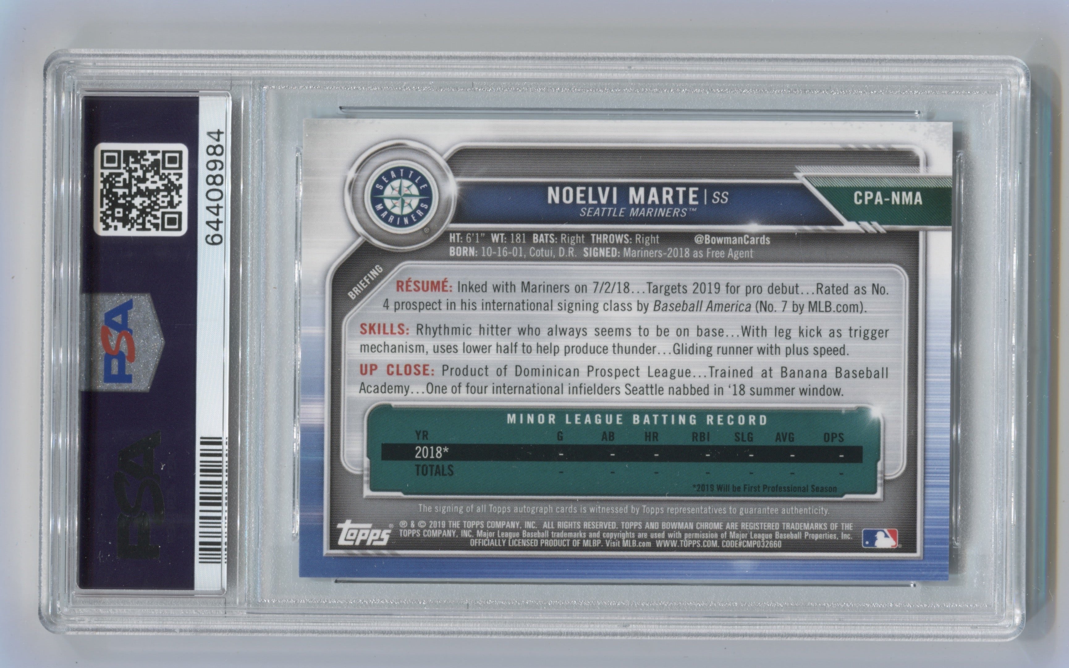 2019 Bowman Chrome Prospect Autographs Purple Refractors #CPANMA Noelvi Marte #058/250 PSA 7 | Eastridge Sports Cards