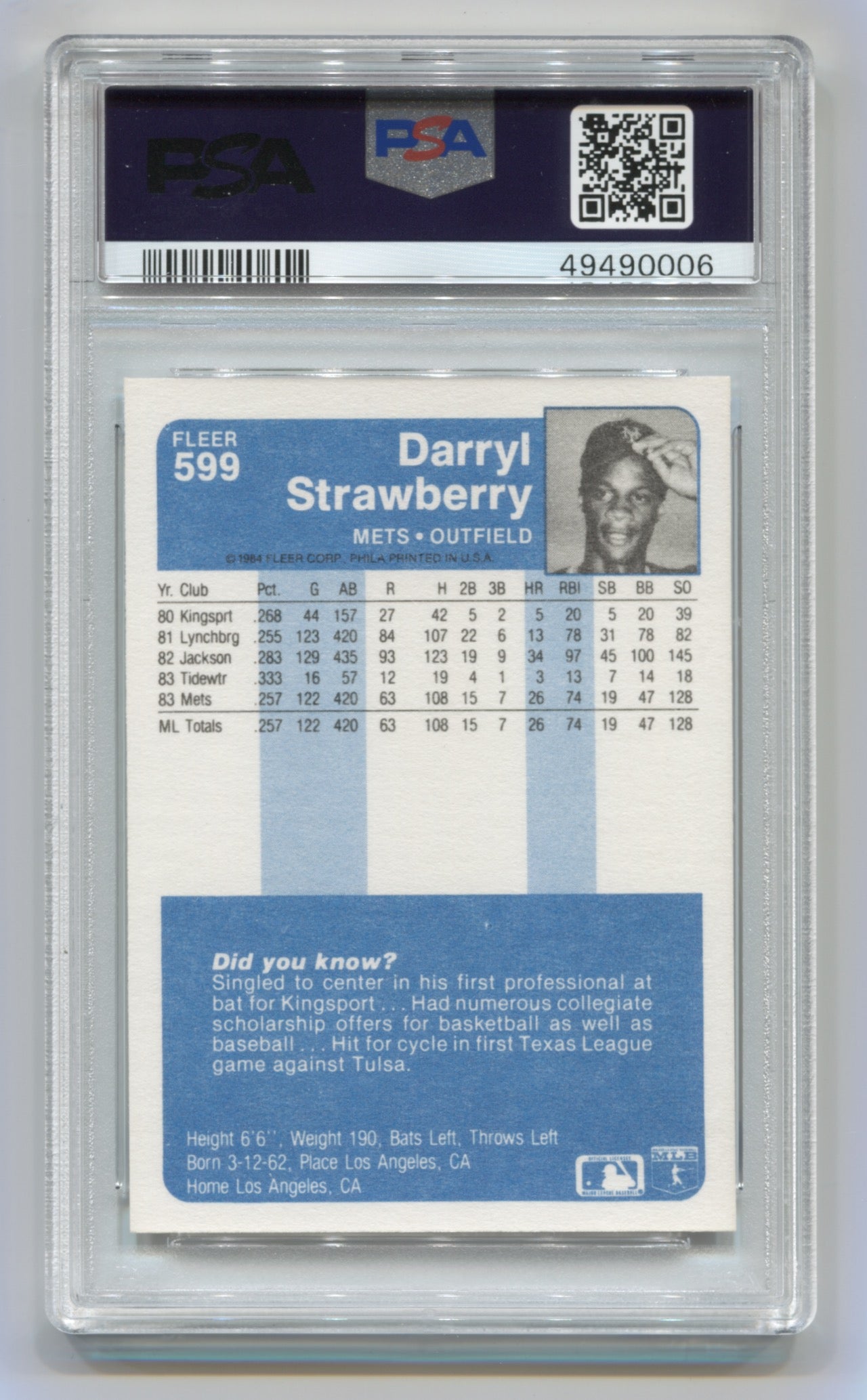 1984 Fleer #599 Darryl Strawberry PSA 9 (Rookie) | Eastridge Sports Cards
