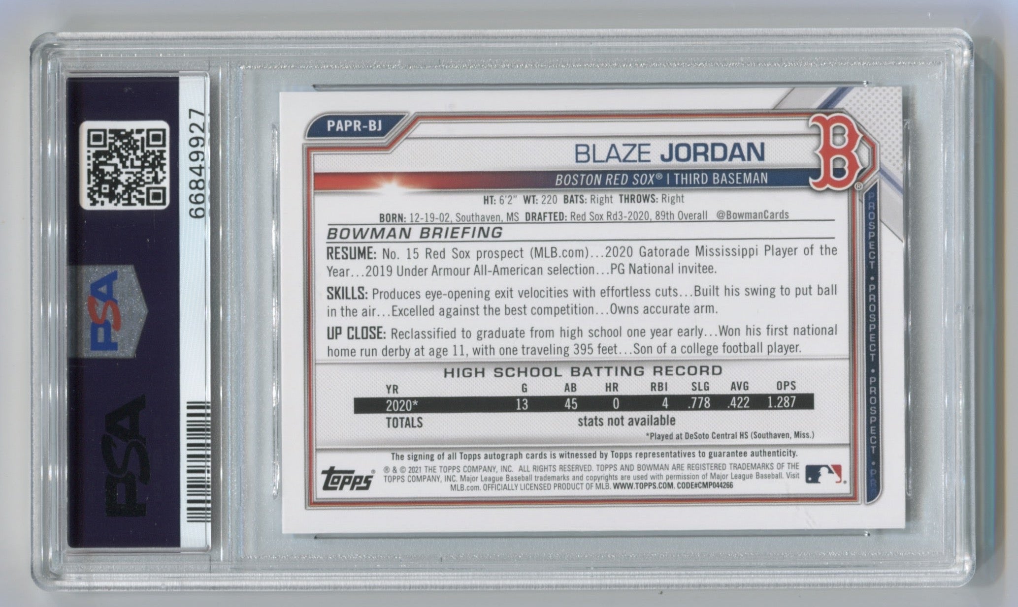 2021 Bowman Prospect Autographs #PAPRBJ Blaze Jordan PSA 10 | Eastridge Sports Cards