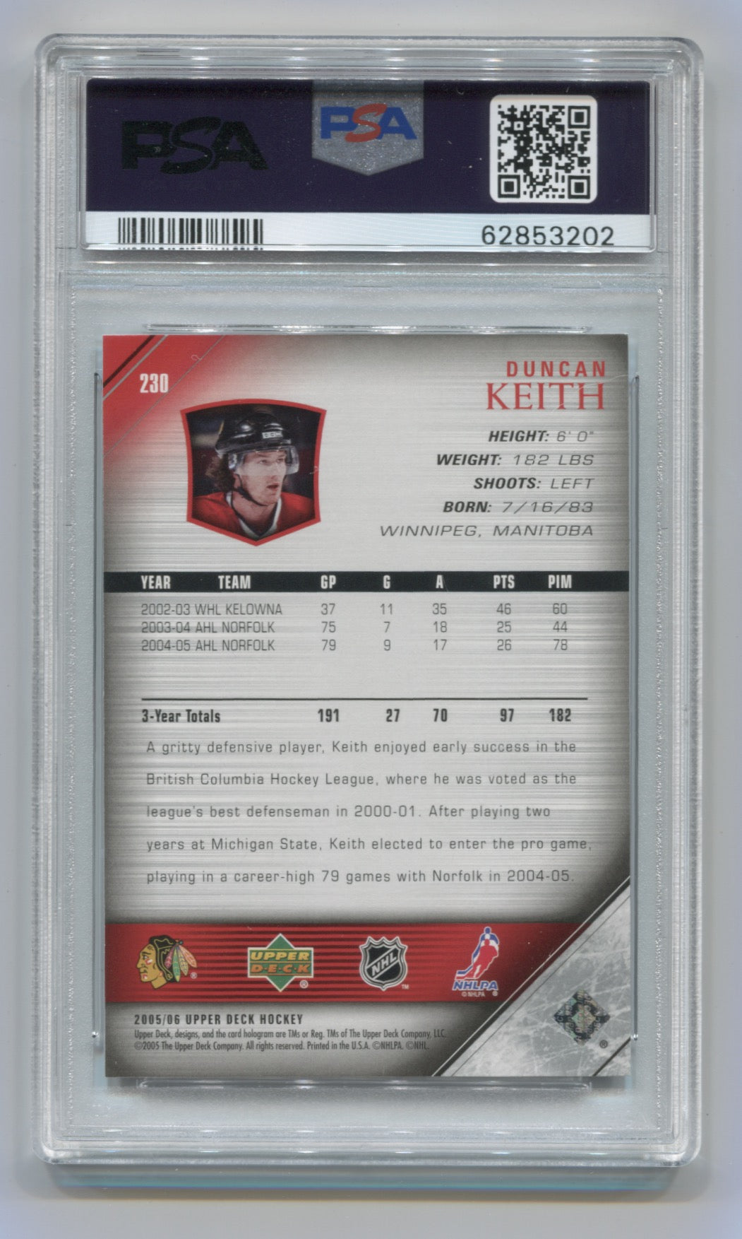 2005-06 Upper Deck #230 Duncan Keith PSA 9 (Rookie) | Eastridge Sports Cards