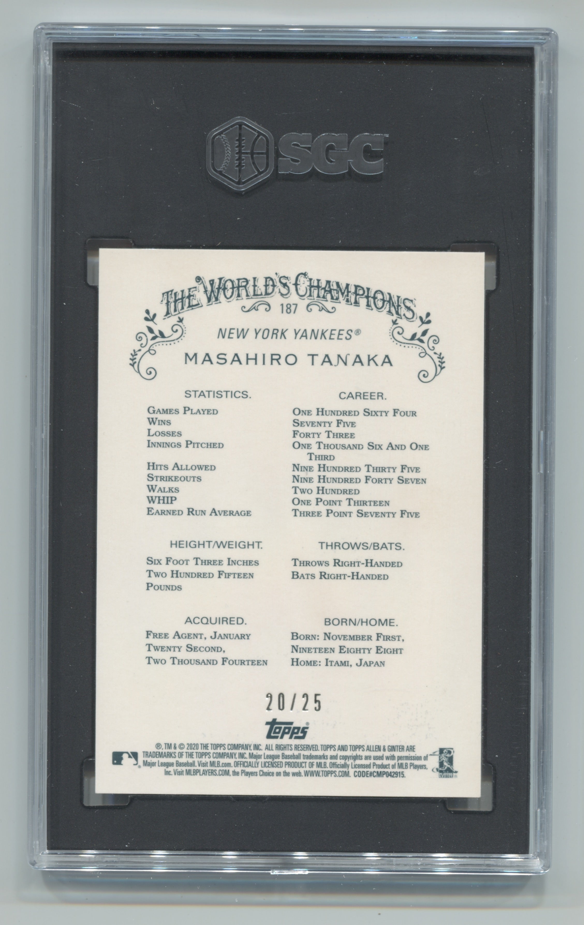 2020 Topps Allen and Ginter Chrome Orange Refractors #187 Masahiro Tanaka #20/25 SGC 10 | Eastridge Sports Cards