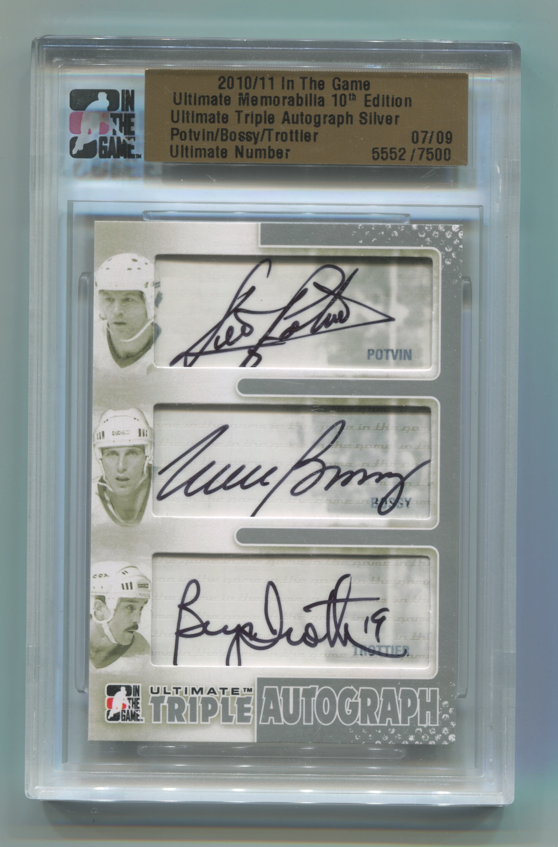 2010-11 ITG Ultimate Memorabilia 10th Edition Autographs Triple Felix Potvin/Mike Bossy/Bryan Trottier #07/09 | Eastridge Sports Cards