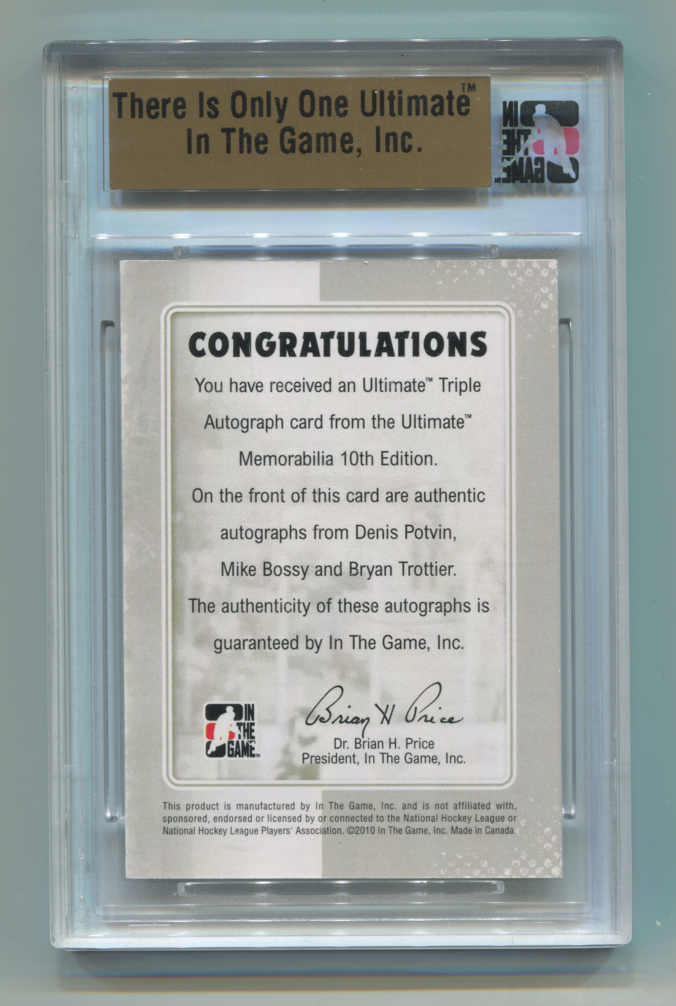 2010-11 ITG Ultimate Memorabilia 10th Edition Autographs Triple Felix Potvin/Mike Bossy/Bryan Trottier #07/09 | Eastridge Sports Cards