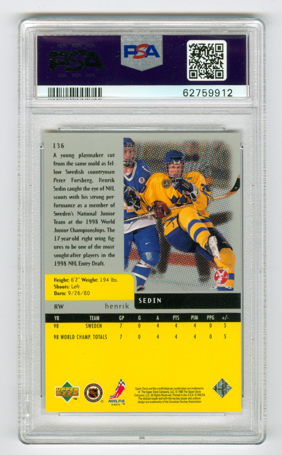 1997-98 Black Diamond #136 Henrik Sedin PSA 9 (Rookie) | Eastridge Sports Cards