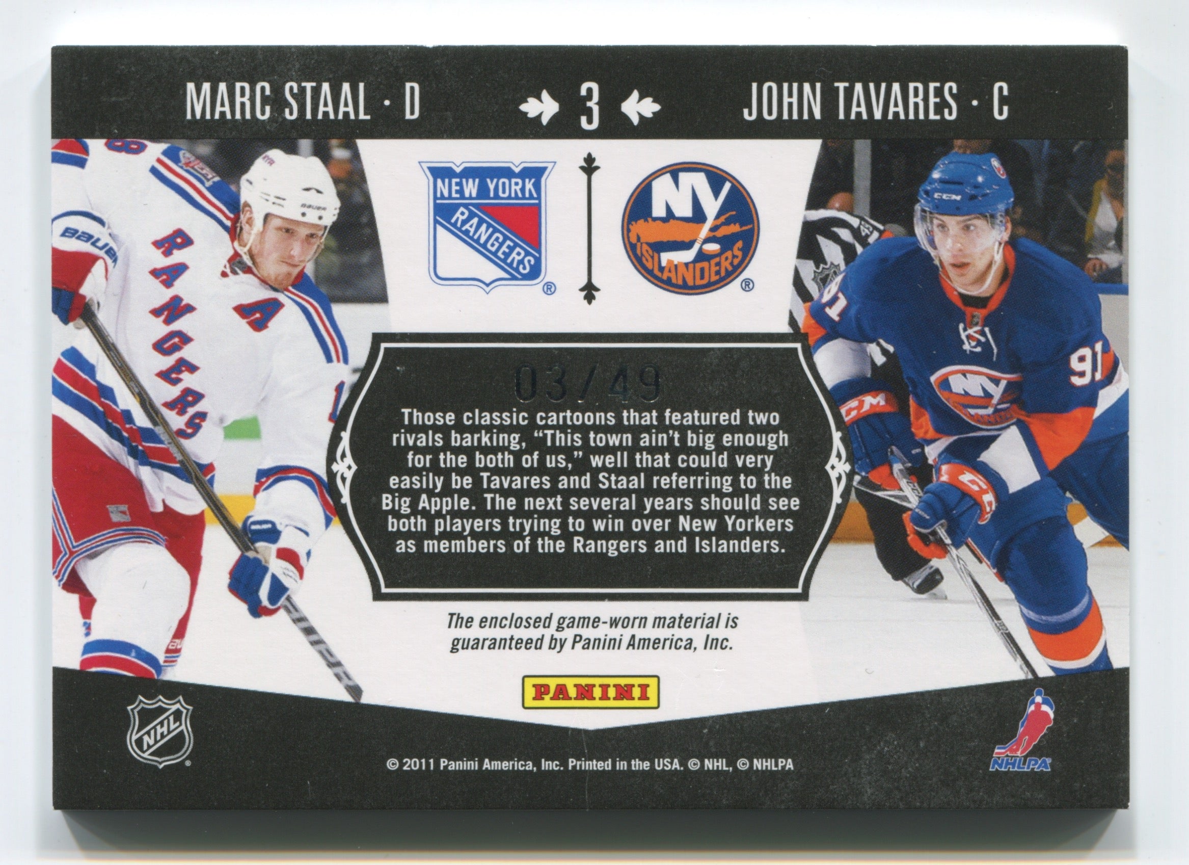 2010-11 Dominion Honoured Rivals Dual Jerseys #3 Marc Staal/John Tavares #03/49 | Eastridge Sports Cards