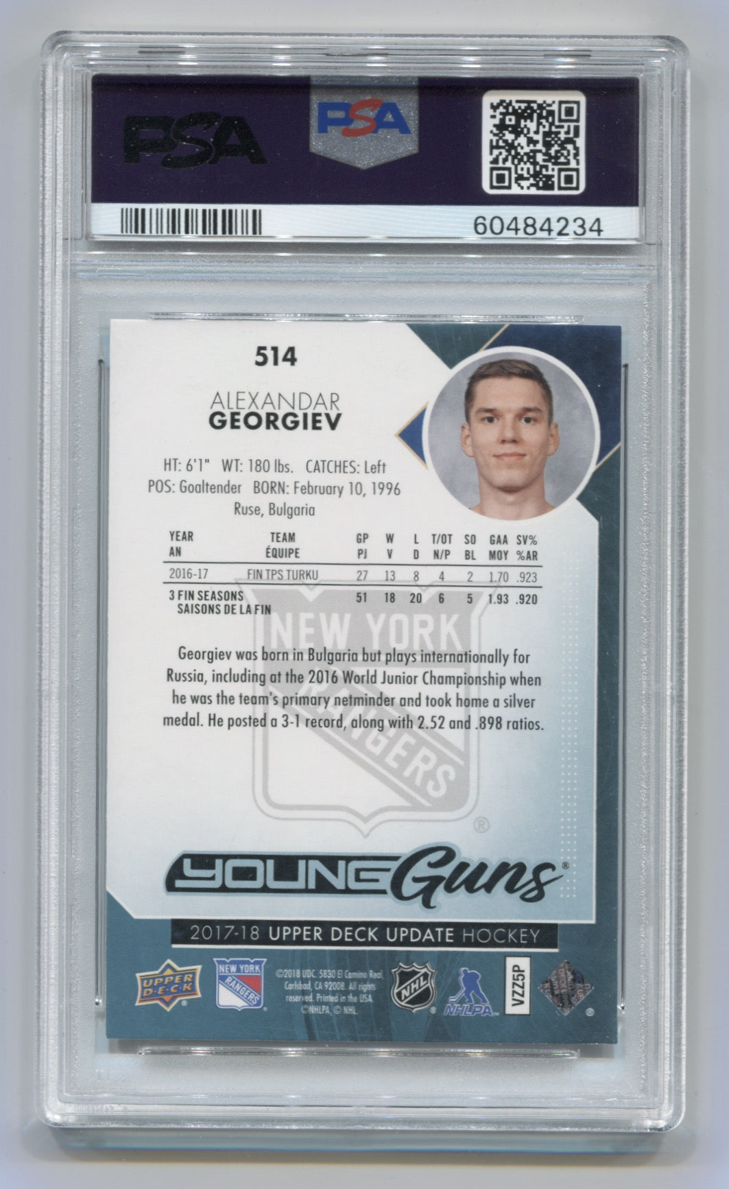 2017-18 Upper Deck #514 Alexandar Georgiev PSA 9 (Rookie) | Eastridge Sports Cards