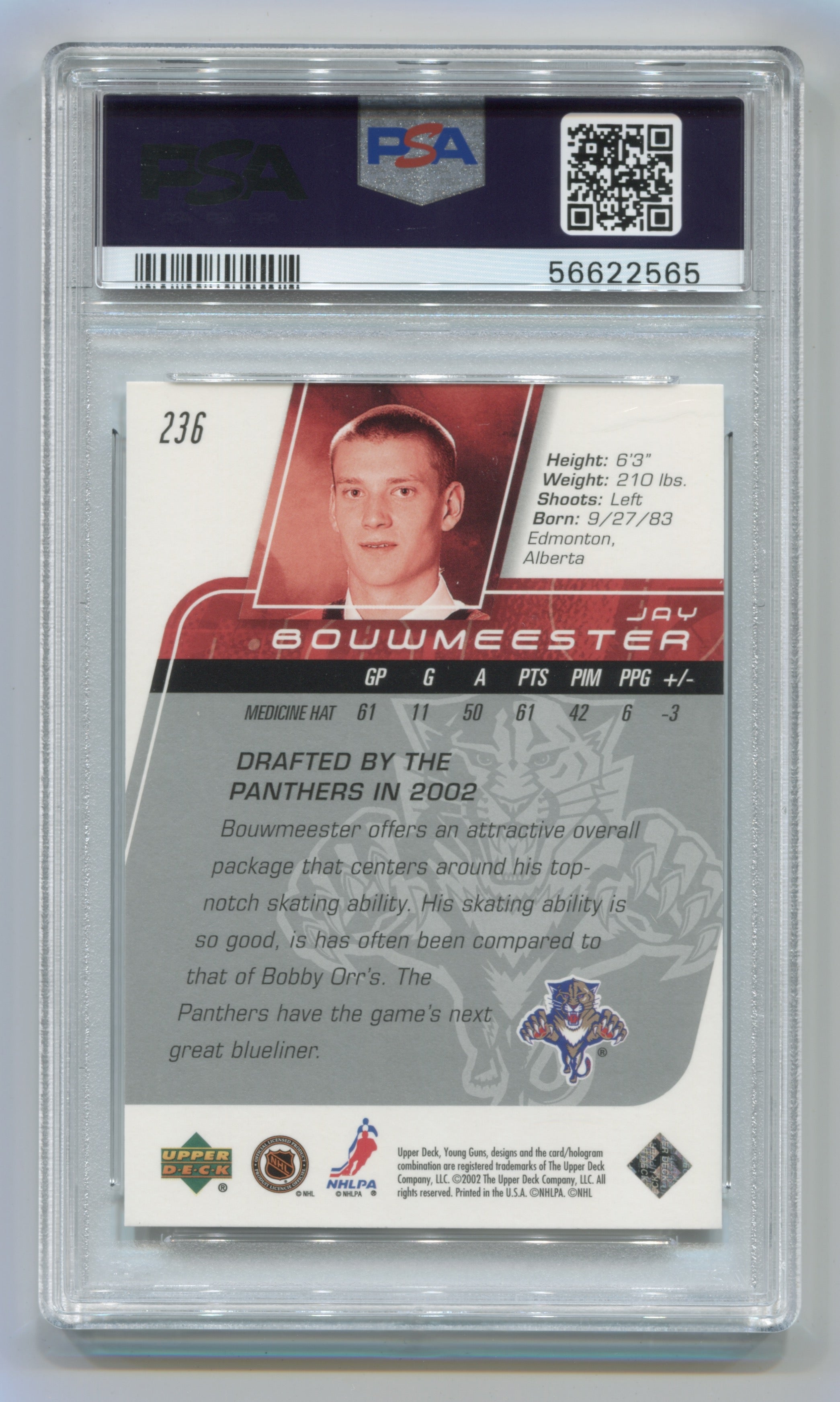 2002-03 Upper Deck #236 Jay Bouwmeester PSA 10 (Rookie) | Eastridge Sports Cards