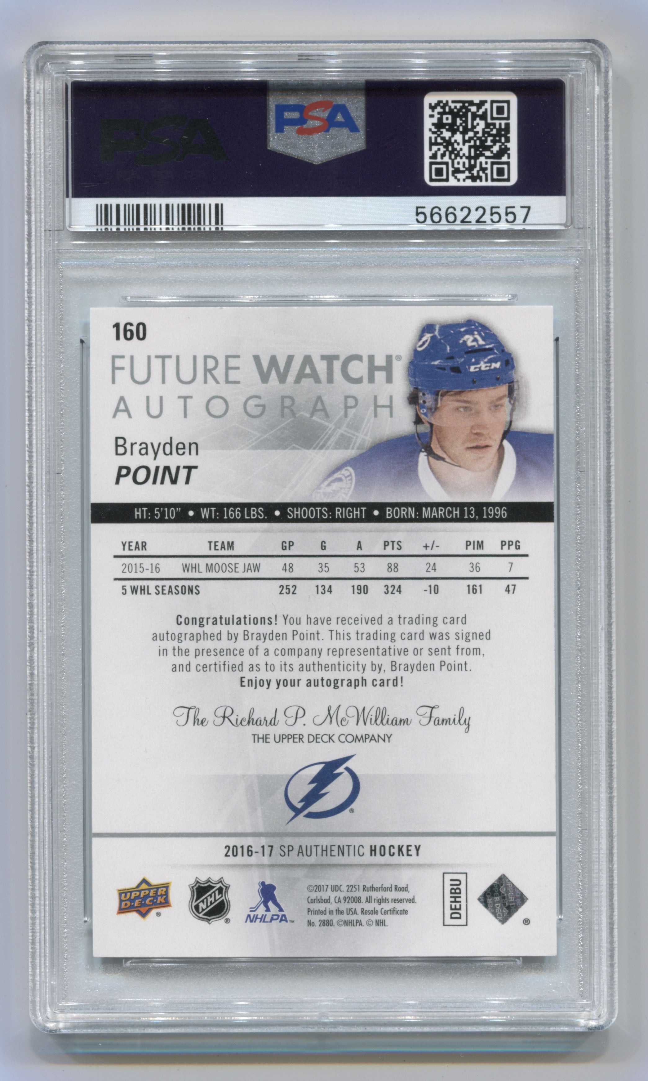 2016-17 SP Authentic #160 Brayden Point #645/999 PSA 10 (Rookie) | Eastridge Sports Cards