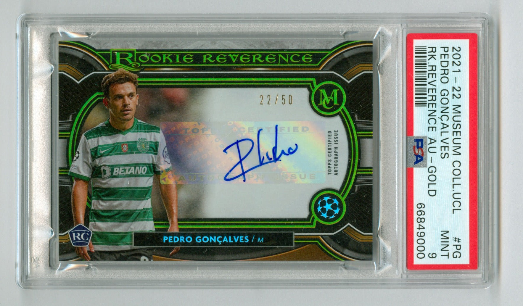 2021-22 Topps Museum Collection UEFA Champions League Rookie Reverence Autographs Gold #RRAPG Pedro Goncalves #22/50 PSA 9 | Eastridge Sports Cards