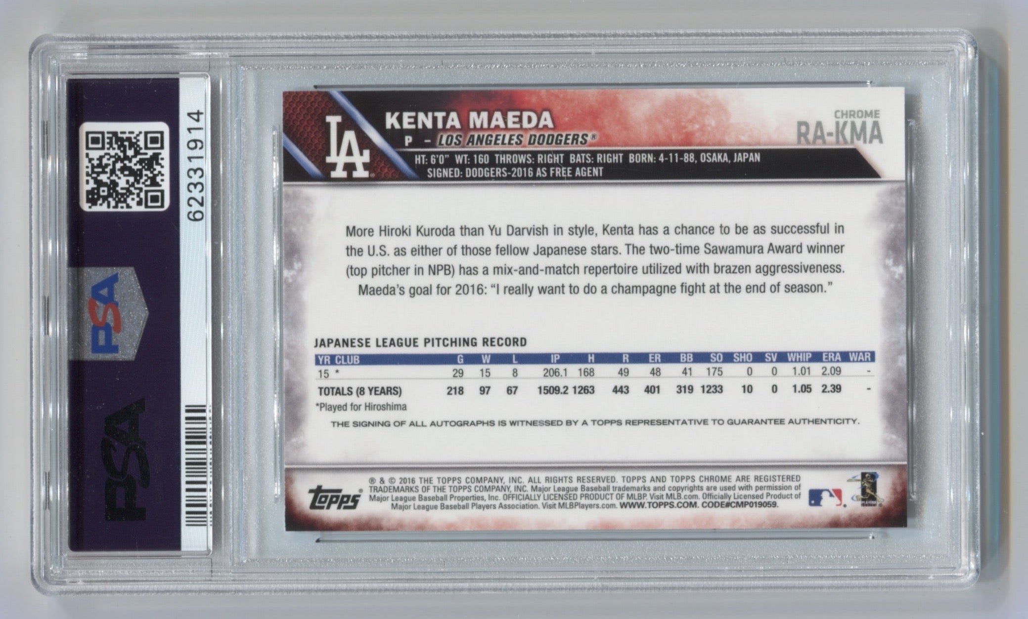 2016 Topps Chrome Rookie Autographs #RAKMA Kenta Maeda PSA 10 (Rookie) | Eastridge Sports Cards