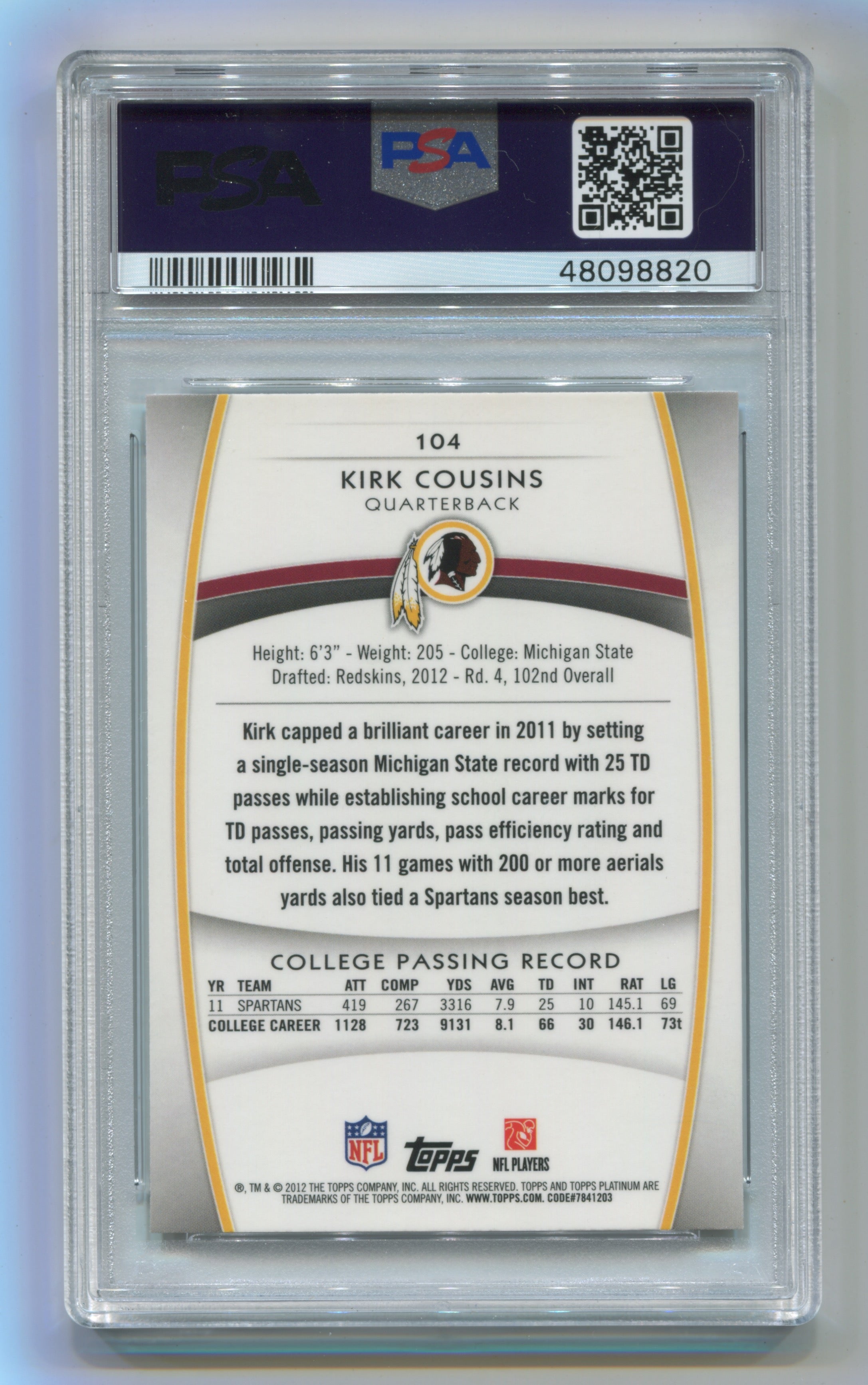 2012 Topps Platinum Xfractors #104 Kirk Cousins PSA 9 (Rookie) | Eastridge Sports Cards