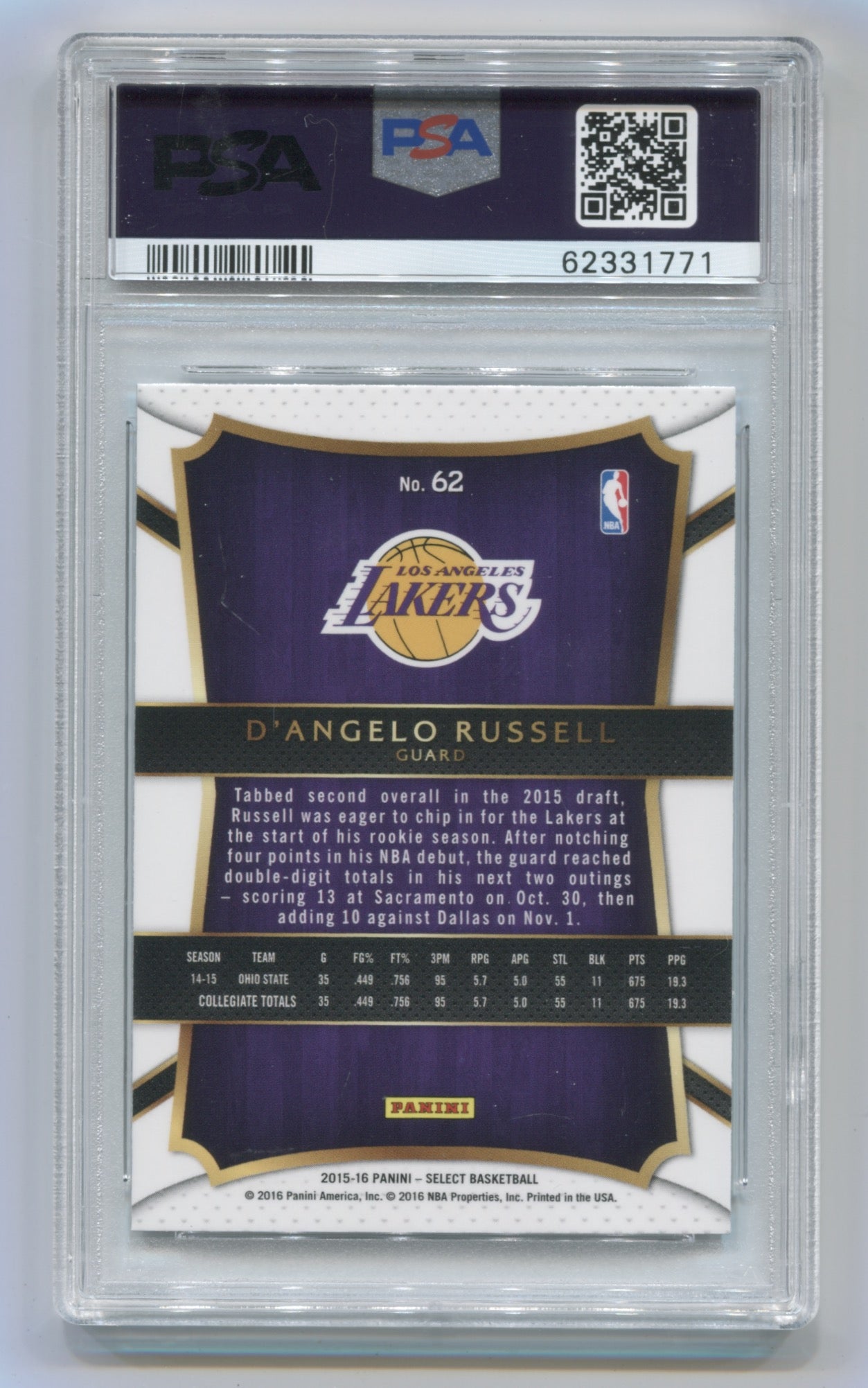 2015-16 Select #62 D'Angelo Russell PSA 8 (Rookie) | Eastridge Sports Cards