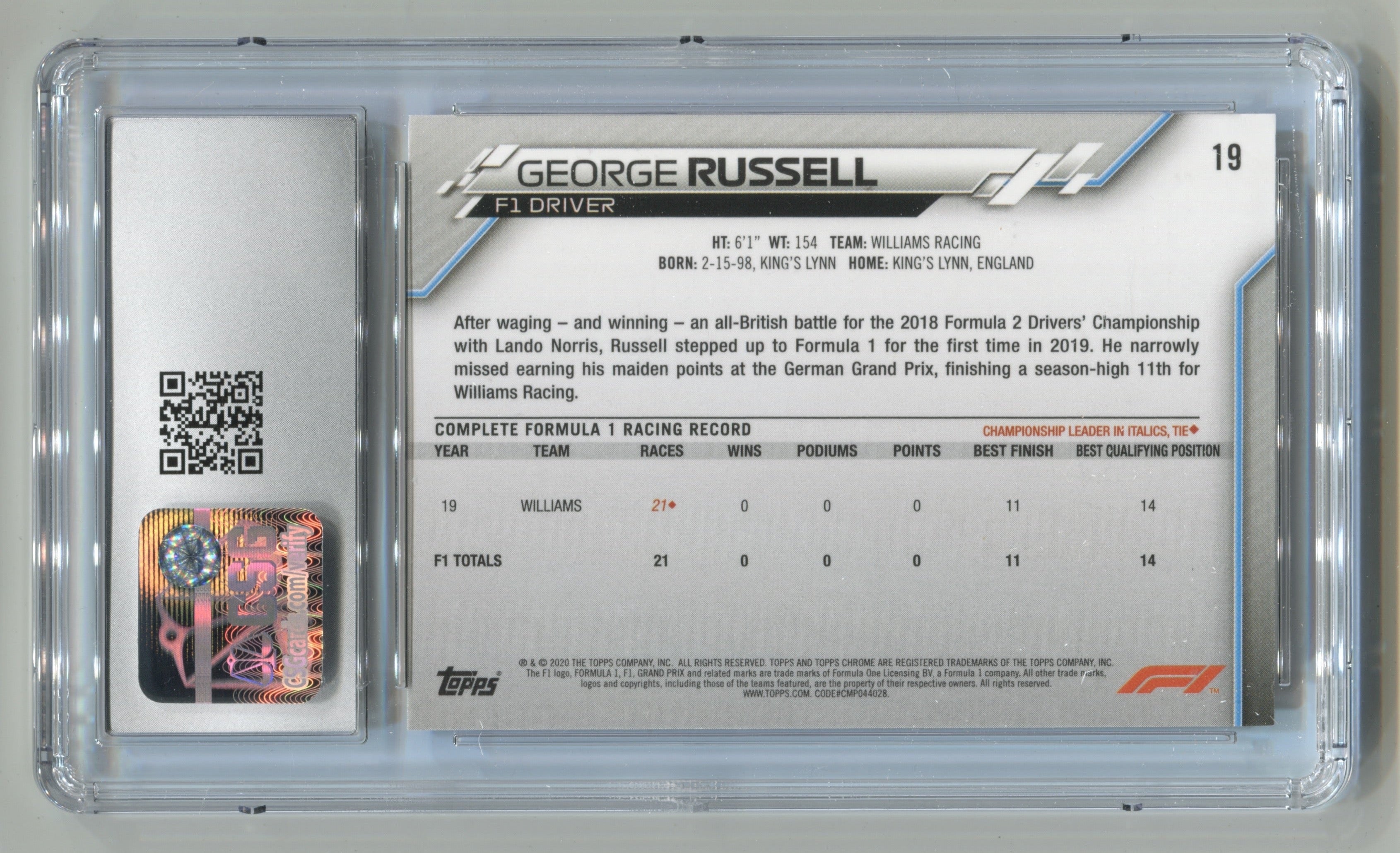 2020 Topps Chrome Formula 1 #19 George Russell CSG 10 (Rookie) | Eastridge Sports Cards